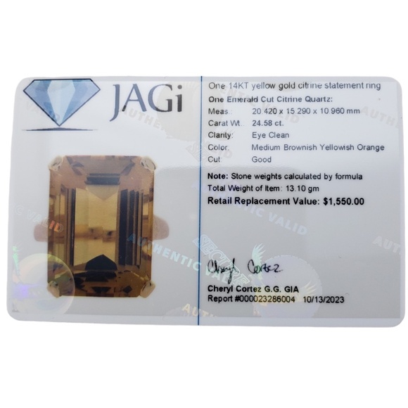 14 Karat Yellow Gold Citrine Quartz Ring Size 6.25 JAGi Certified #15727 - Picture 9 of 9